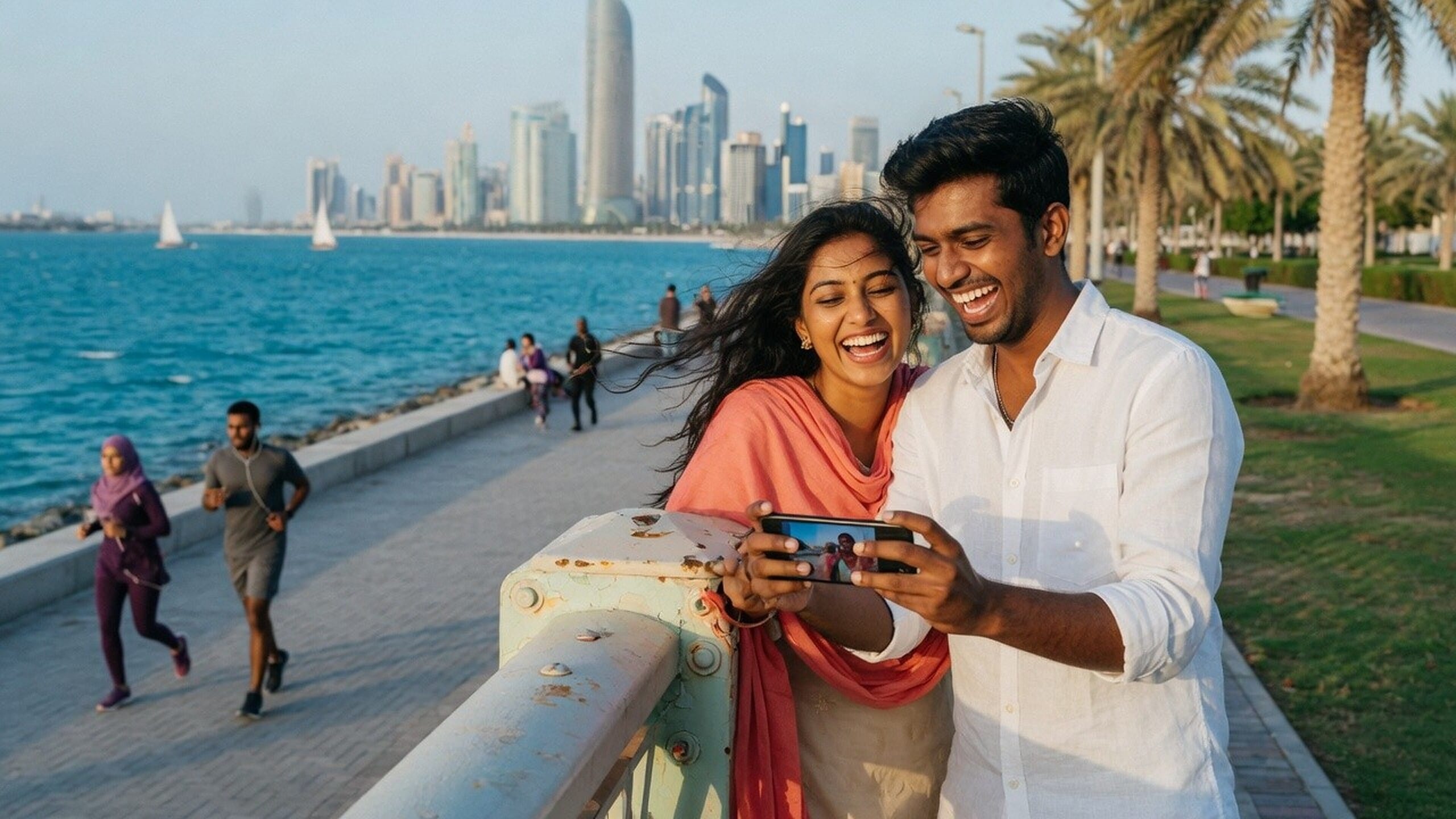 Two friends sharing a phone on the Corniche