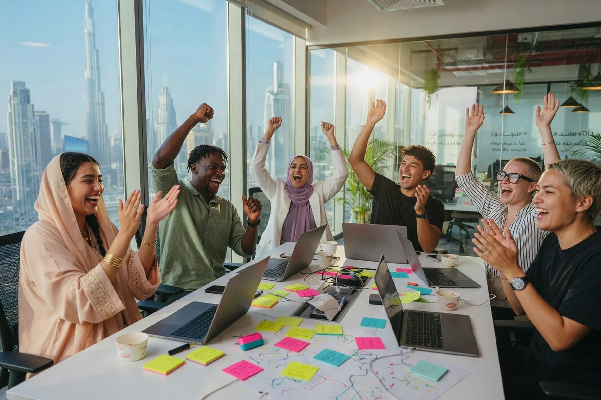 A team celebrating an idea in a coworking space