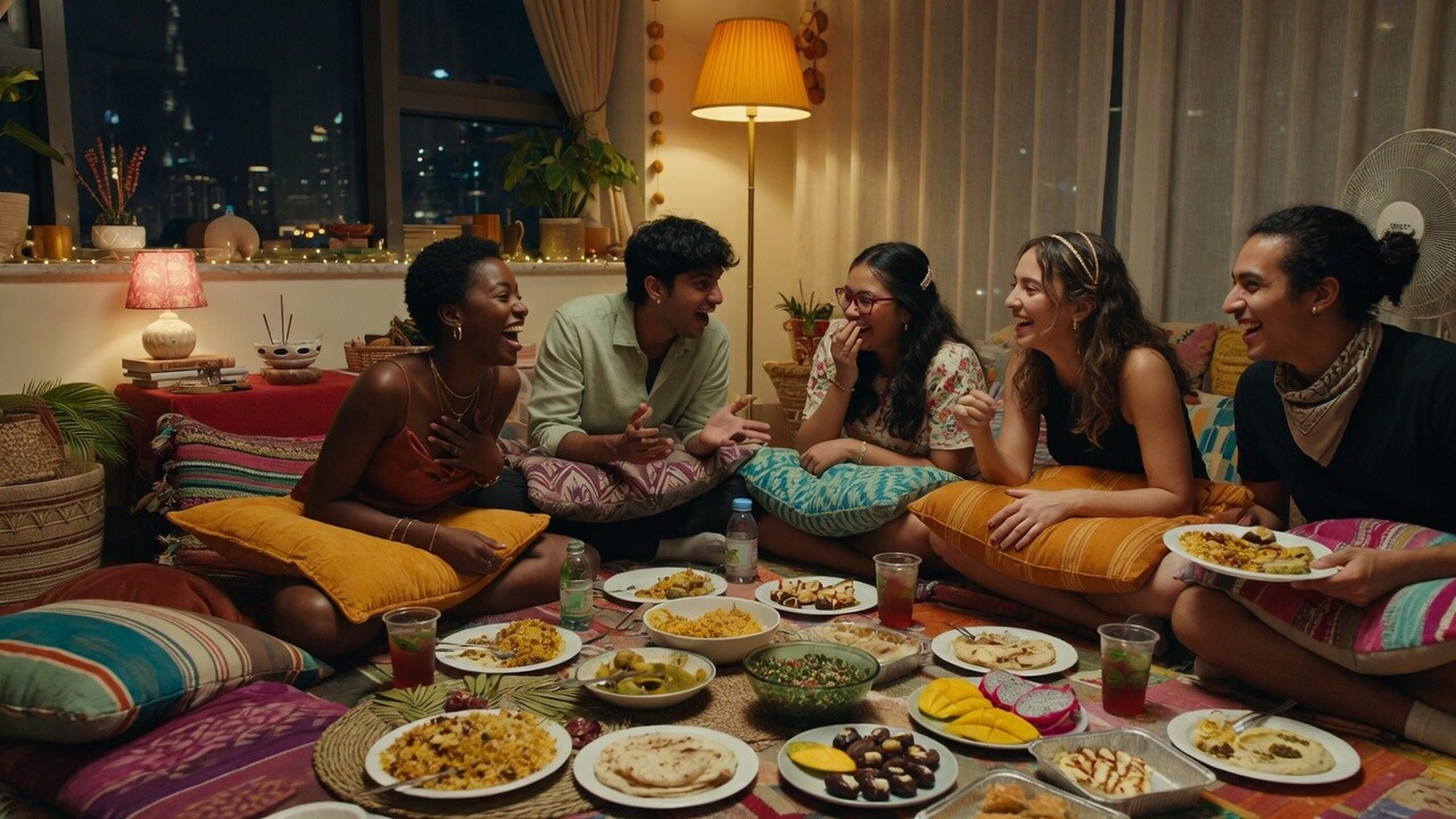Friends laughing at a home potluck