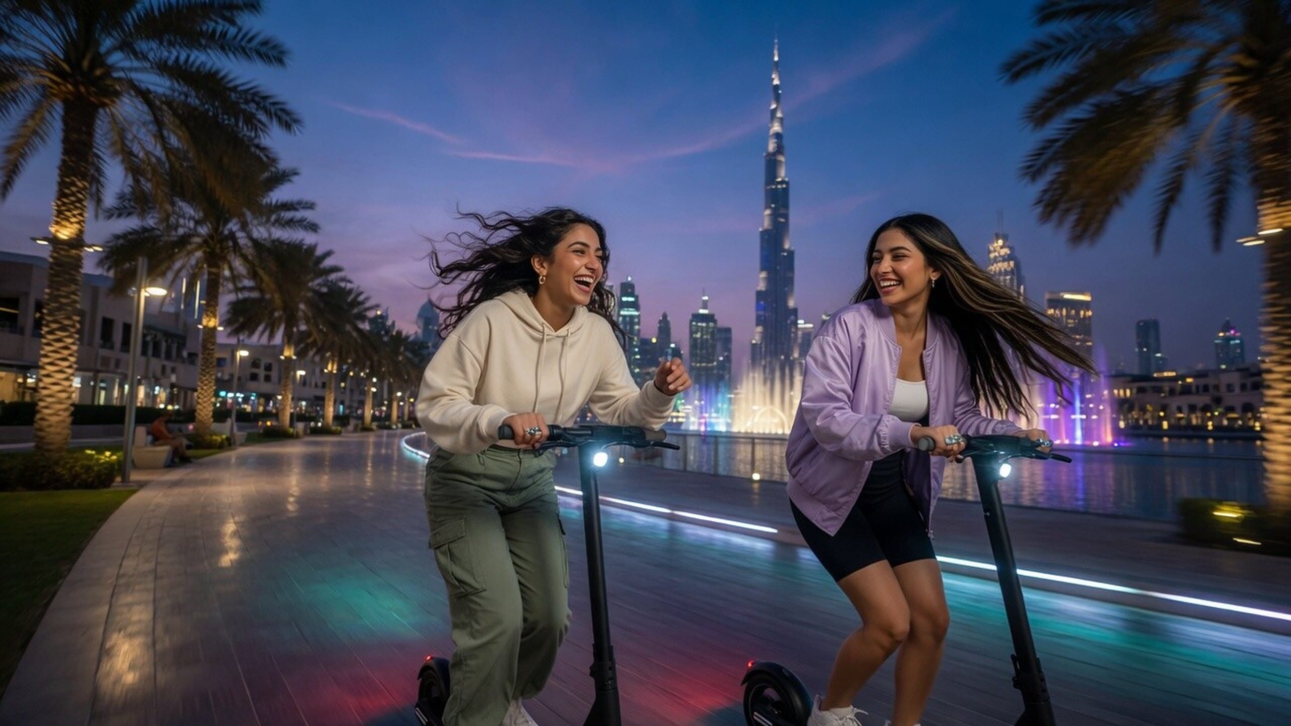 Two friends on scooters at blue hour