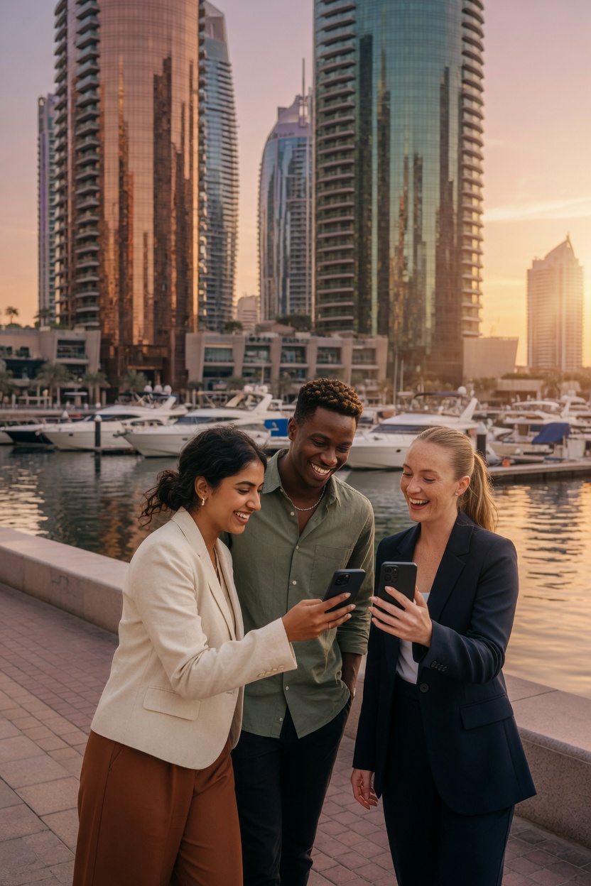 Dubai Marina yürüyüş yolunda arkadaşlar