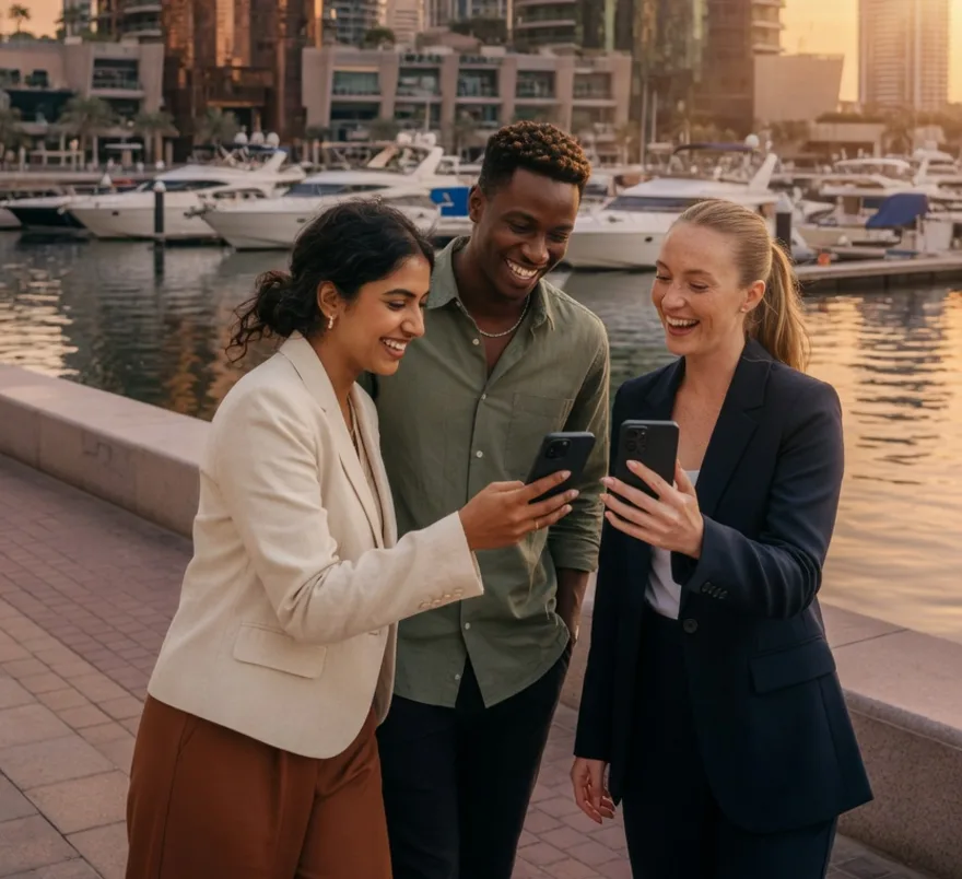 Three people met at Dubai Marina, smiling at a phone together